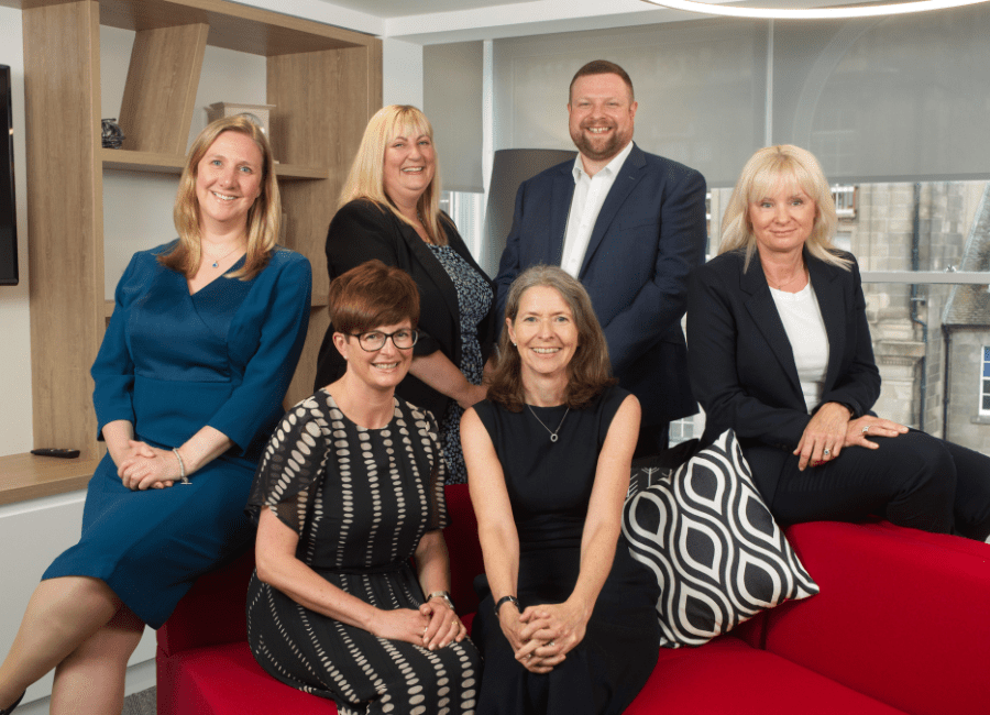 Helen Daniels, Gillian Rushton, Gregor Angus, Lynn Gracie, Andrea Begg, Emma Lancaster all celebrating key promotions at AAB