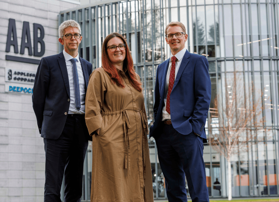 Derek Mair, Lauren McCluskey, Andrew Webster outside the AAB Aberdeen office as AAB welcomes key partner appointment in Aberdeen
